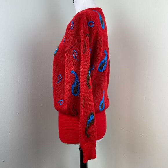 Diane Von Furstenberg Vintage 80s Red Wool Balloon Sleeve Paisley Sweater Small - Picture 6 of 7